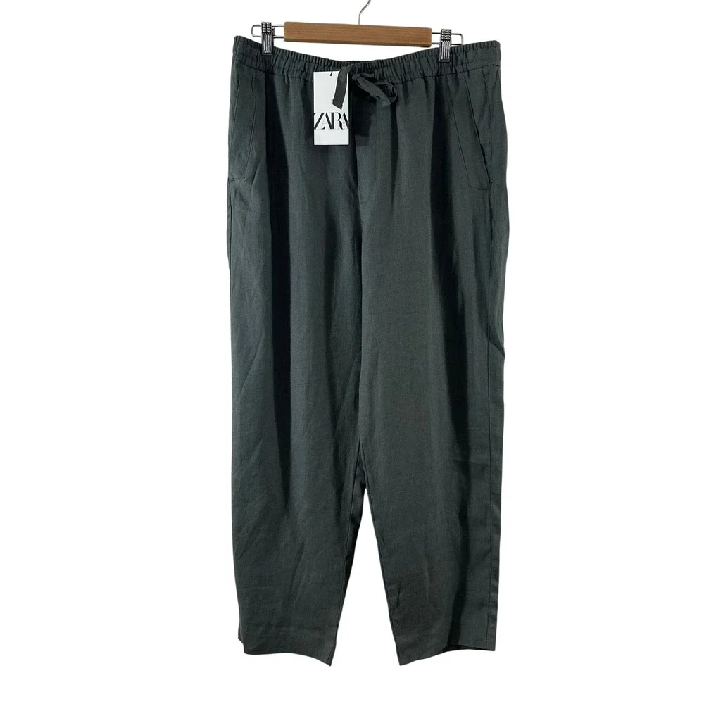 Zara Womens 100% Linen Pants Dark Grey Elastic Drawstring Straight Leg Large NEW